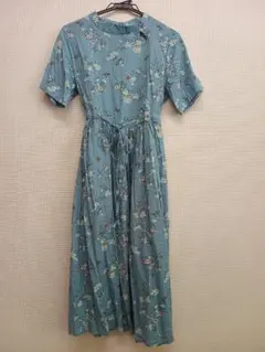 花柄ワンピース XL ブルー 半袖 ロング 訳あり リボン ポケット
