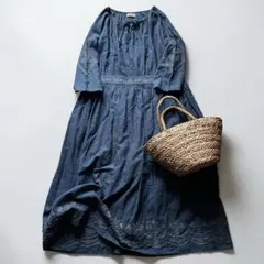 極美品✨サマンサモスモス 花刺繍　コットンリネンワンピース　ブルーグリーン系