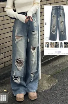 ダメージカットルーズデニムパンツ　cu525のサムネイル