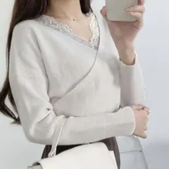 GRL レースドッキングカシュクールニットトップス ベージュ [at1082]