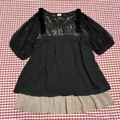 axes femme アクシーズ　半袖 レース切替チュニックブラウス ブラック