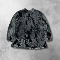 レース柄シフォンブラウス M-L ブラック系