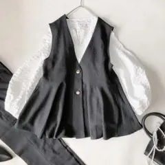 【ママスーツ】ペプラムジレ ジャガードブラウス テーパードパンツ 3点セット