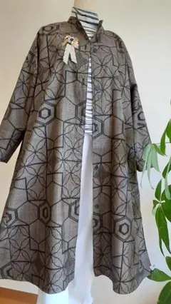 着物リメイク☆本場大島紬☆スタンドカラーのワンピースコート