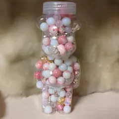JOJOくまボトル天然石桃玉石ビーズ☆テグス付き