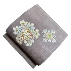 ユ95未着用　名古屋帯 銀通し　刺繍　金駒　兎と花　袷紫　着物帯　美品