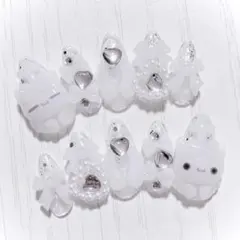 No.339　ネイルチップ 量産型 地雷系 サブカル 平成女児 白 ホワイト 猫