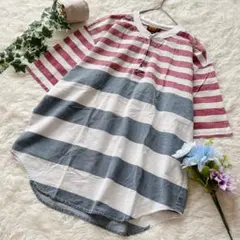 フェイデッドグローリー ꕤ ボーダー 総柄 ヘンリーネック 半袖Tシャツ L