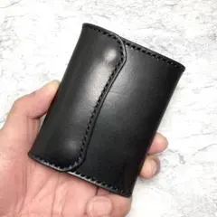 【総手縫い】栃木レザー 三つ折り財布 黒 コンパクト財布 本革 ミニ財布