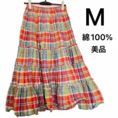 フレア フリル チェック ロング ミモレ丈 スカート M オレンジ 緑