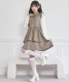 Honey Cinnamon パール付き リボンチェックワンピース
