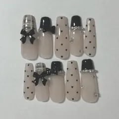 ✿現品✿ネイルチップ　量産型　フレンチガーリー　ピンク黒　韓国　ワンホン　スナ系