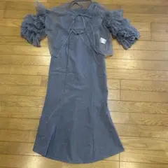 結婚式や発表会に！シースルー袖タイトフィットワンピース グレー