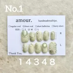 No.1 ネイルチップ　ショートオーバル　グリーン　フラワー　春ネイル