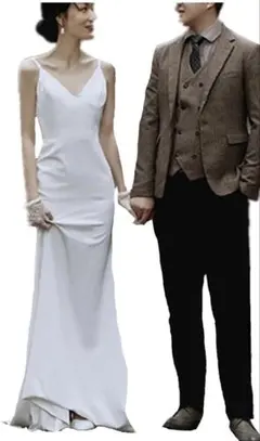 ホワイト Vネック ウェディングドレス Mサイズ