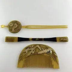 竹製かんざし・櫛セット 花と鳥の彫刻　３点セット