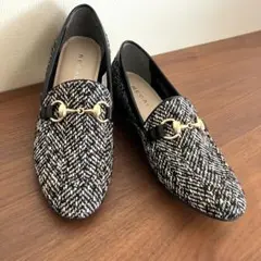 明日終了【試着のみ】リーガル ビット付きローファー ツイード黒×白 ゴールド金具