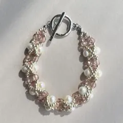 p06 淡水パール ウーブン ブレスレット 春色 ピンクラスター チェコ ビーズ