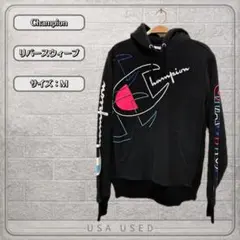Champion リバースウィーブ パーカー ビッグロゴ 袖プリント 黒