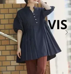ビス　VIS パール ボタン プリーツ チュニック　半袖 カットソー　体型カバー