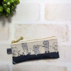 ハギレミニミニポーチ　ラミネート　チンアナゴ釣りにゃんこ　ネイビー　ネコ柄