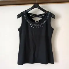 ビジュー装飾 黒 タンクトップ　【サイズL】