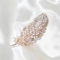 ヴィンテージ　羽根　ピンクゴールド　クリアラインストーン×パール　ブローチ