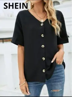 SHEIN フロントボタン半袖ブラウス 黒