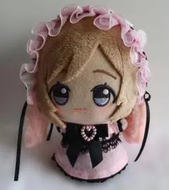 ちびぐるみ　10㎝　ぬい服　ピンク水玉×黒　ワンピース　ヘッドドレス　3点セット