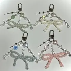 No.154 編み物 リボン キーホルダー ハンドメイド チャーム グリーン