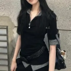 DIAVEL フェイクレイヤード半袖ポロシャツ/チェック柄×無地　ブラック