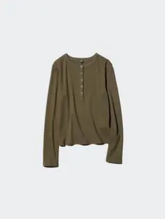 UNIQLO WOMEN リブヘンリーネックT/長袖 オリーブ