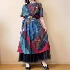 秋色 アソート柄 ロングワンピース 昭和レトロ ヴィンテージ 日本製 青 赤 緑