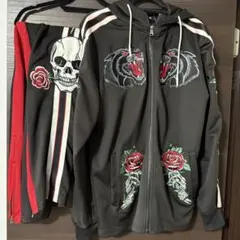 y2k❤️00s Ed Hardy スカル ラインストーン ベロア ジャージ 希少 エドハーディー セットアップ ベロア Y2K ラインストーン スカル