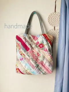ハンドメイド　パッチワーク　トートバッグ　ピンク花柄