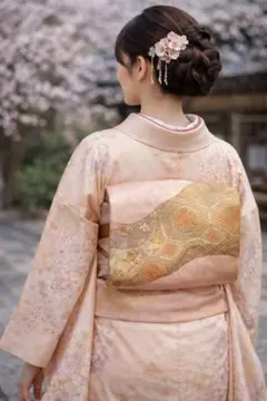 正絹 袋帯 約3.6m 金彩 桜 亀甲文様 ピンクゴールド フォーマル シミあり