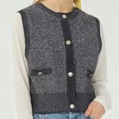 グリーンレーベルリラクシング　リンクス ツイードベスト　グレー　ニット 金ボタン