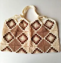 手編みバッグモチーフ編み　グラニーバッグ　レース糸　ハンドメイド