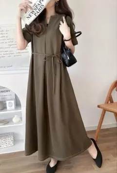 【美品】classicalelf フロントタックキーネックワンピース ブラウン