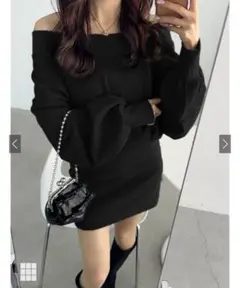 GRL オフショルダー ブラック ニット ミニワンピース