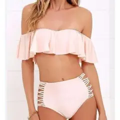 ビキニ オフショルダー 水着 オフショルビキニ 可愛い フリル ハイウエスト