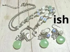 【A102】ishグリーンカルセドニー・乳白水晶・四葉チャームネックレス＆ピアス
