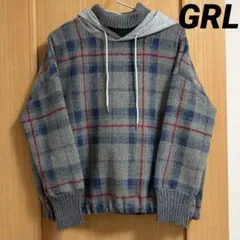 新品未使用　GRL フード付き長袖チェック柄ハイネックニット　F