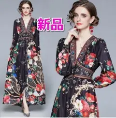 パーティードレス 花柄 ロング ワンピース スカート ドレス 長袖 レトロ L