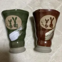 ウサギ絵柄 陶器製　フレア型　コップ　2個セット　タンブラー