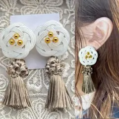 【和装や成人式に】ホワイト　水引ピアス