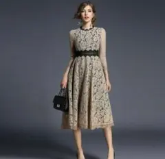 ★ワンピースドレス★パーティドレス　総レース ☆ブラウンベージュ Mサイズ☆