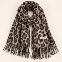 新品未使用 大判レオパード柄マフラー 秋冬 防寒 フリンジ