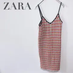 【ZARA】ニットキャミワンピース 幾何学柄 マルチカラー 洗える素材