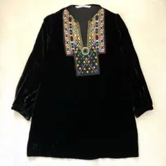 ザラウーマン チュニック ベルベット ボヘミアン刺繍 シルク混 ブラック Mのサムネイル